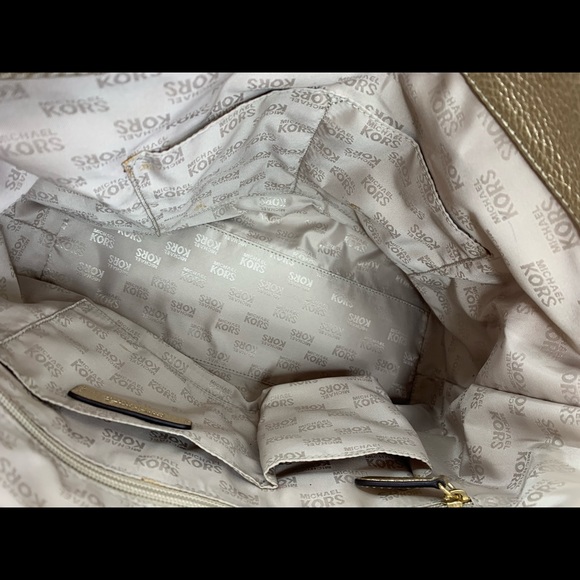 Michael Kors Millwork Tan Brown Canvas Signature Large Shoulder Bag Gold Leather - Picture 9 of 11